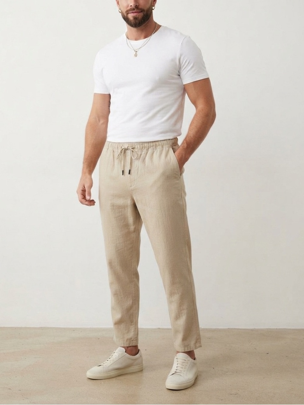 Caribbean Men Beige Linen Blend Pants 38x30 Elastic Waist Drawstring❤️